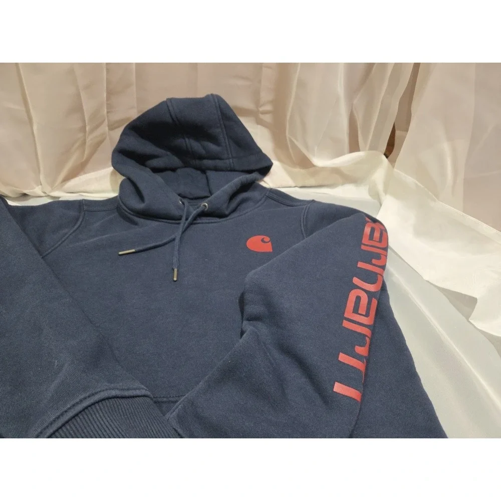 Unisex Carhartt Small Pullover‎ Hoodie Navy Blue And Maroon Logo Sleeve